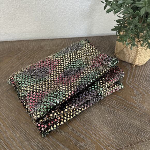 1 Yard Holographic Multi-Color Iridescent Sequin Dot Fabric On Black/Gold Knit - Picture 2 of 8